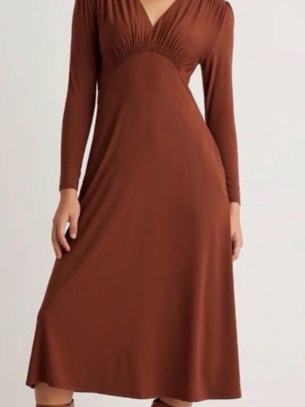 Quince Tencel Jersey V-Neck Long Sleeve Midi Dress Brown Small NEW long sleeve